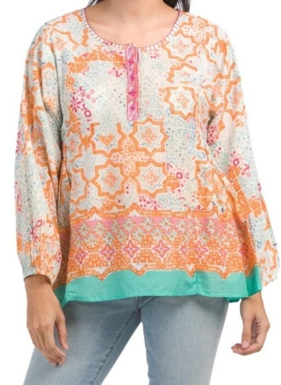 Sigrid Olsen Orange Embroidered Printed Boho Top Blouse    Size: L